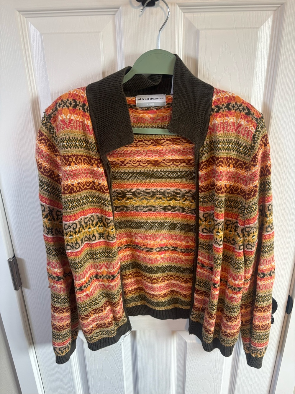 Alfred Dunner Multicolor Fair Isle Zip-Front Sweater - Olive Trim